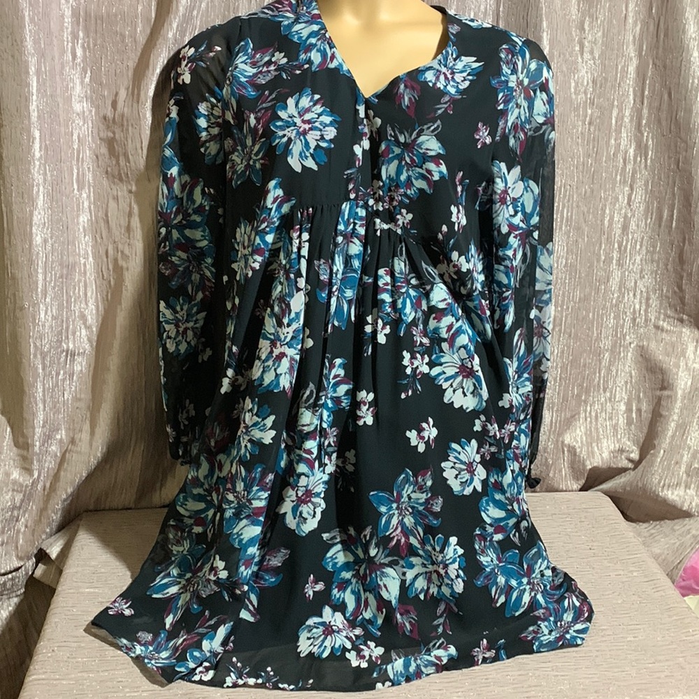 Time and Tru Dress Black Blue Pink Floral Size M 8-10 Lining Sheer Shell